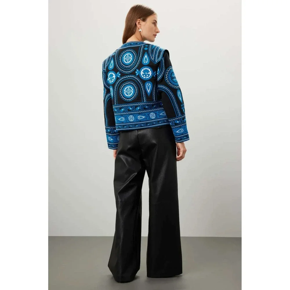 Sea New York Gael Quilted Jacket Black Blue Embroidered Paisley Boho Sz L